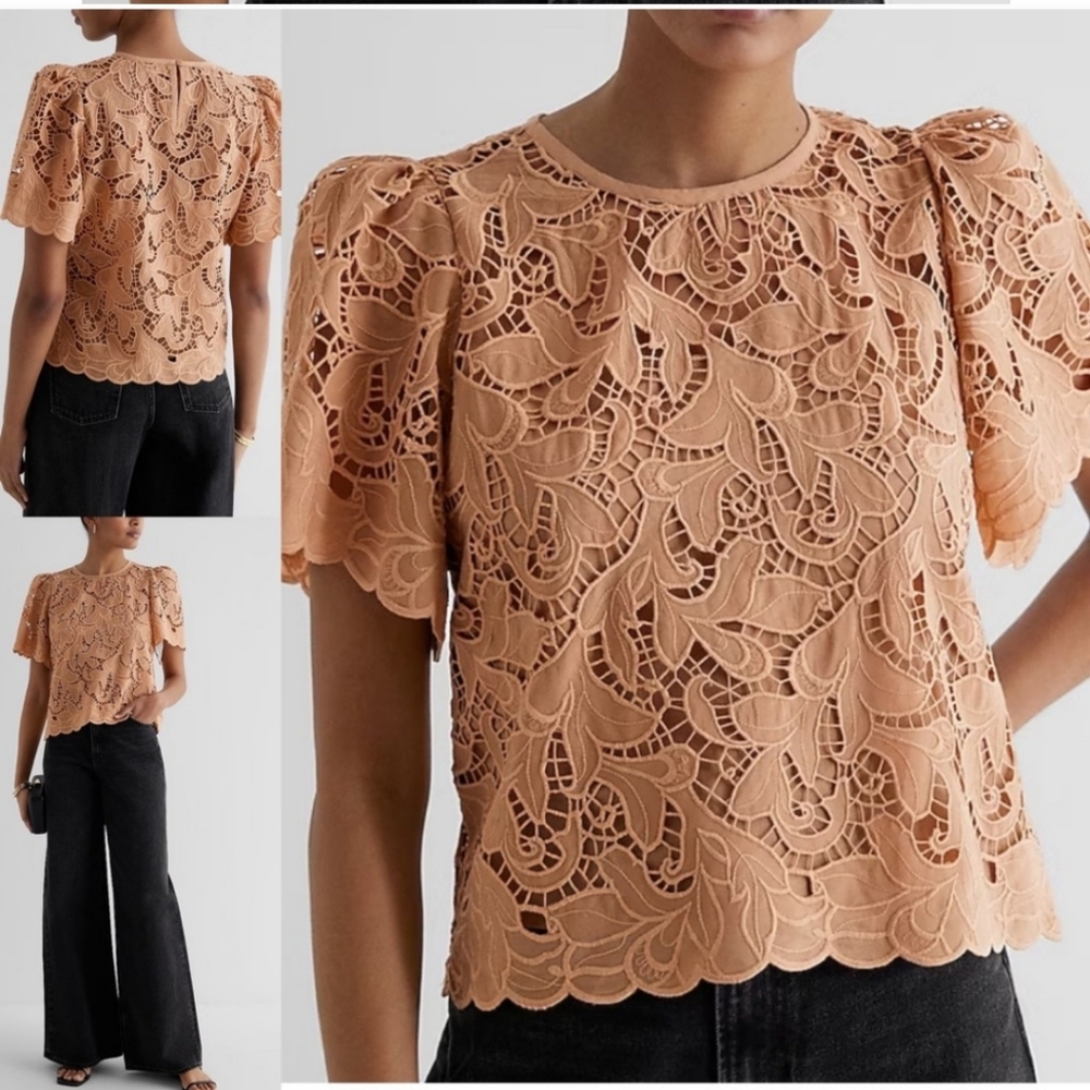 Express Embroidered Crochet Puff Sleeves Top Size: Small
